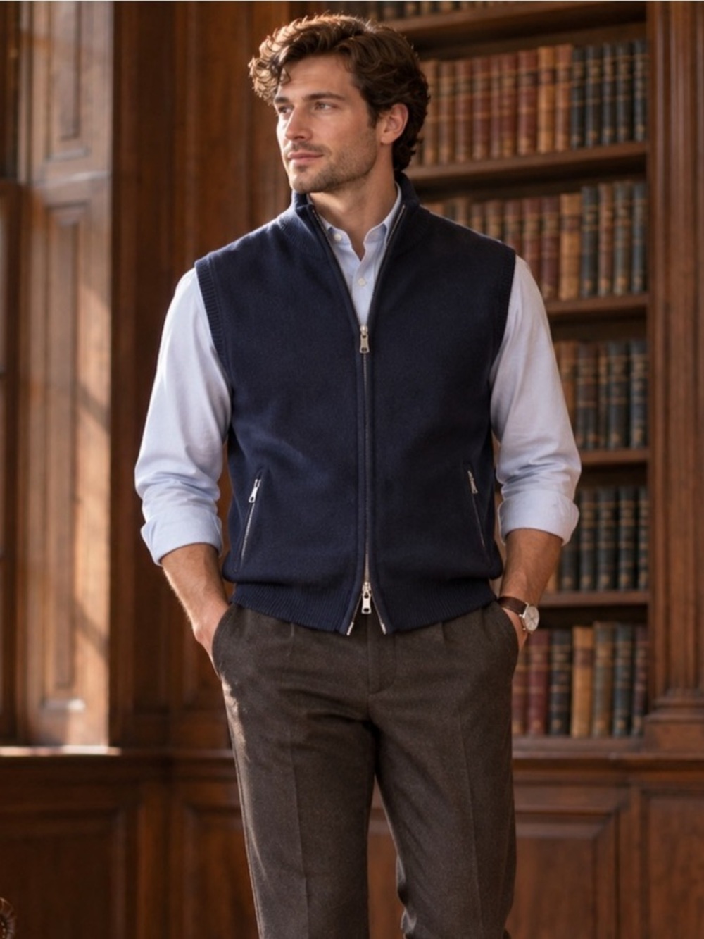 Banana Republic Men Cotton Cashmere Angora Zip Sweater Vest Navy L Old Money